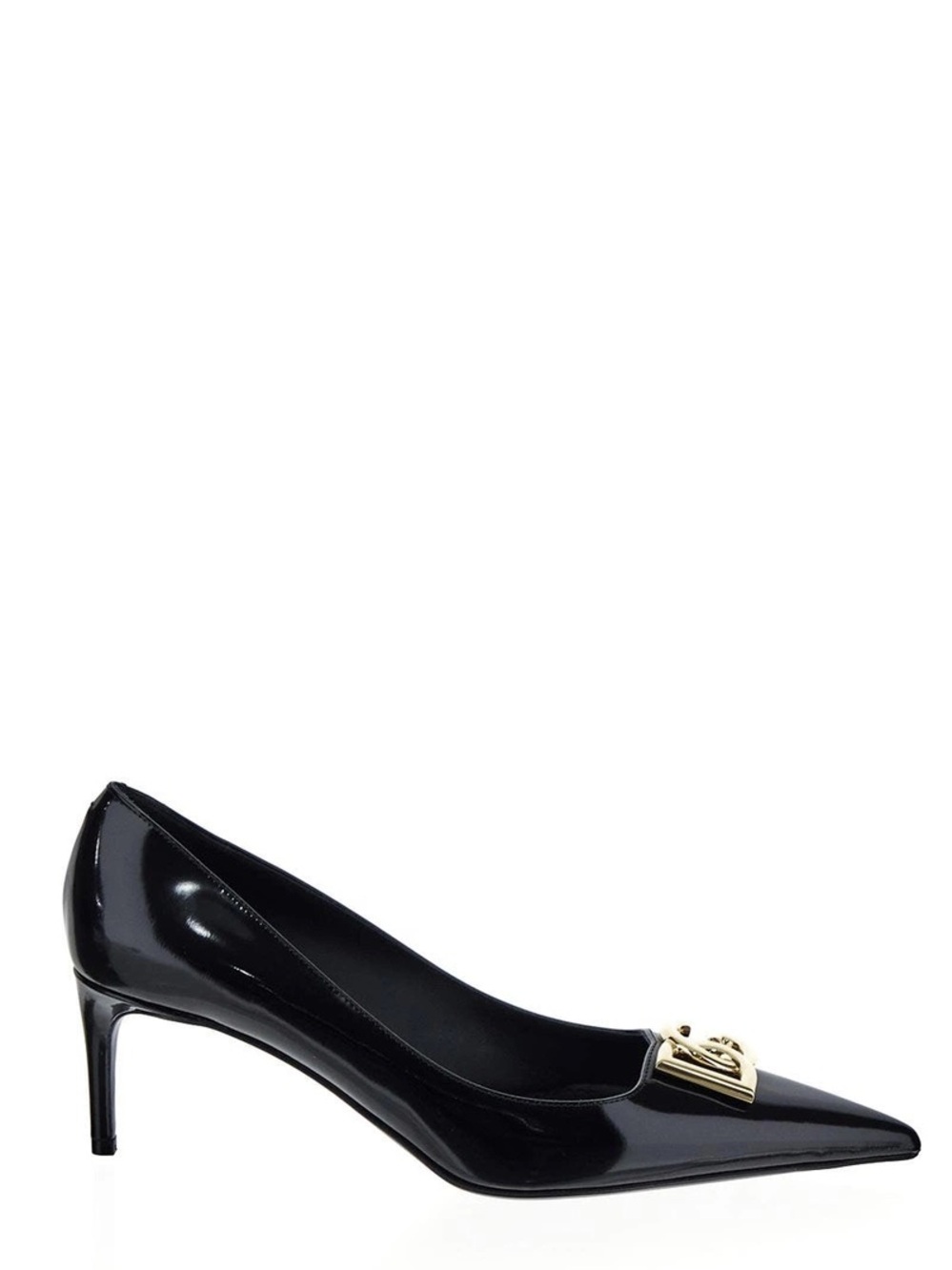 Dolce & Gabbana Lollo Gold Metal Logo 60mm Black Patent Heels Pumps 36.5